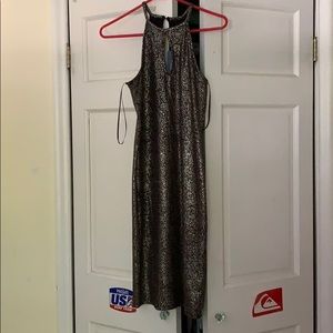 Fitted black and gold midi length dress